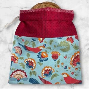 Red Bird Print Reusable Linen Bread Bag, Eco-Friendly Cotton Bread Storage Bag